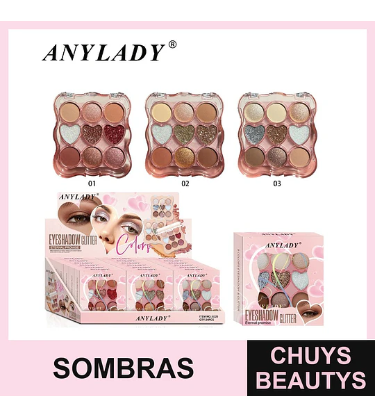 Paleta de Sombras de Ojos Glitter con 9 Tonos y Diseño de Corazón ANYLADY