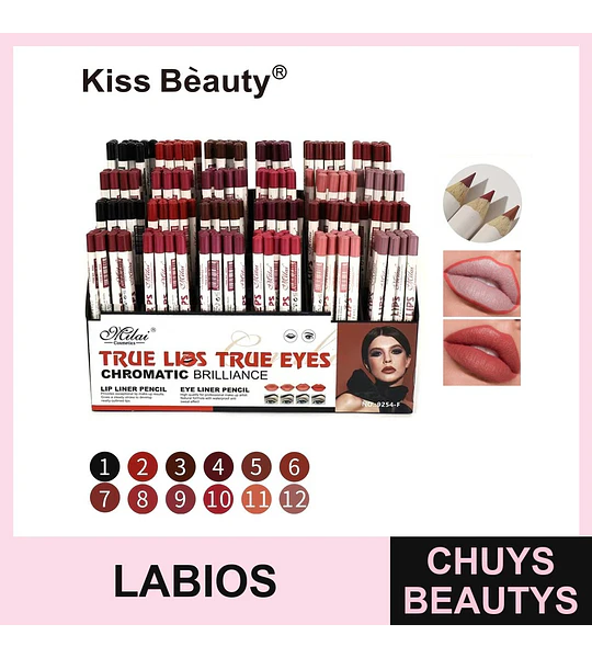 Lápices delineadores de labios y ojos Kiss Beauty Melai Chromatic Brilliance, 12 tonos