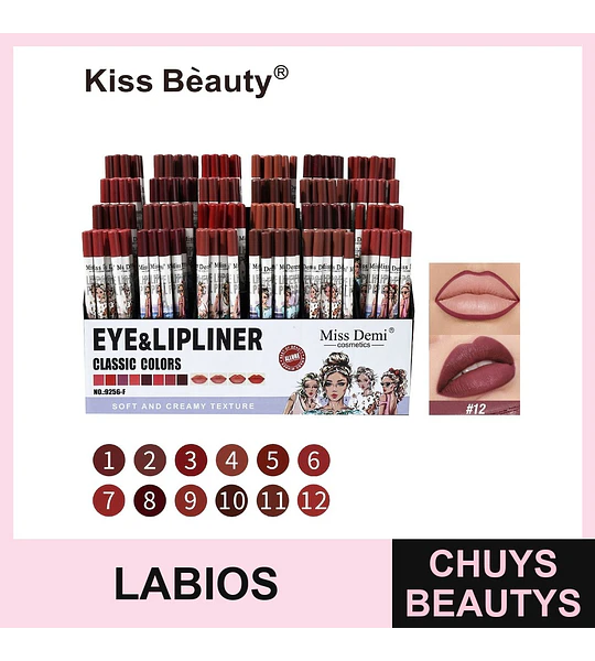 Set Delineadores de Ojos y Labios Kiss Beauty Miss Demi Tonos Clásicos