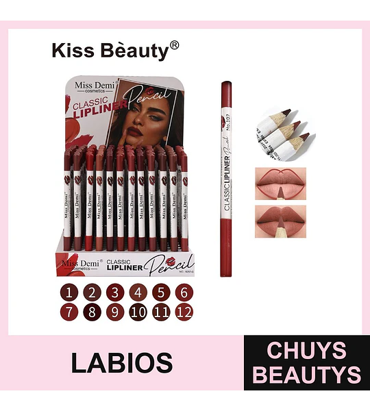 Lápices Delineadores de Labios Clásicos Miss Demi, Set Surtido de 12 Tonos
