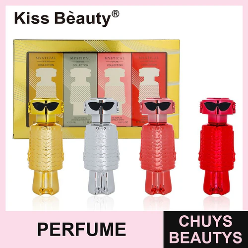 Set de 4 fragancias Kiss Beauty Mystical Collection en envases de robot 30ml - Chuys Beautys | Chuys Beautys