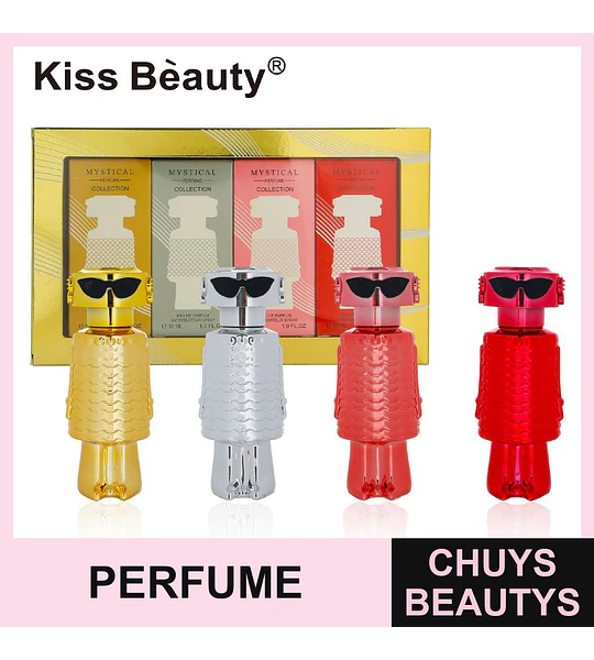 Set de 4 fragancias Kiss Beauty Mystical Collection en envases de robot 30ml