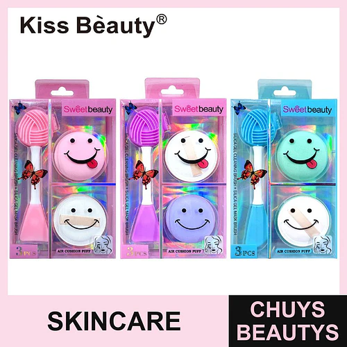 Set de 3 Accesorios de Maquillaje y Skincare con Cepillo de Silicona y Puffs Kiss Bèauty - Chuys Beautys | Chuys Beautys