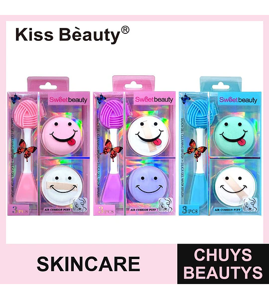Set de 3 Accesorios de Maquillaje y Skincare con Cepillo de Silicona y Puffs Kiss Bèauty