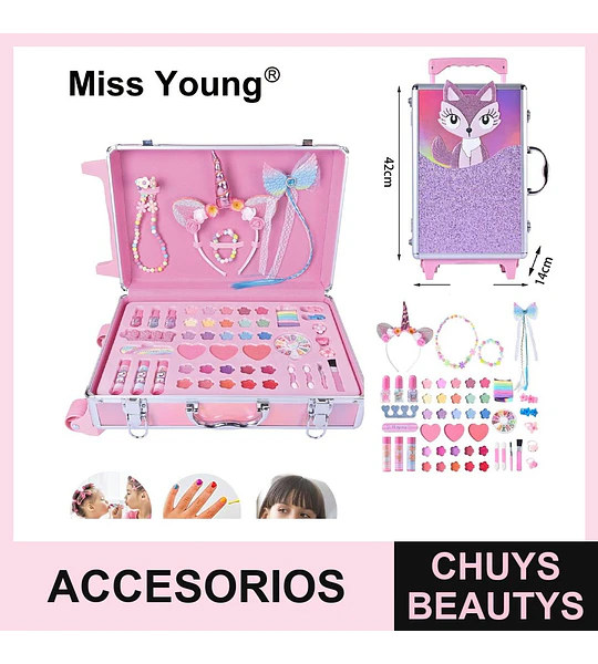 Kit de Maquillaje y Accesorios Infantil Miss Young con Estuche de Viaje Glitter