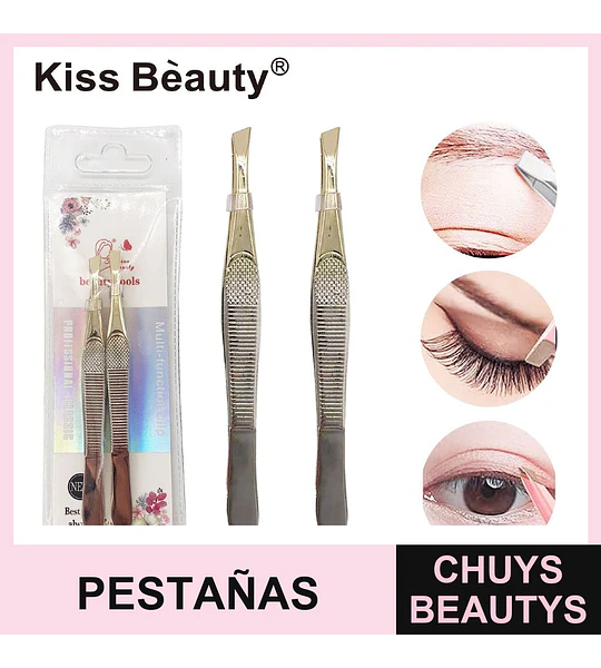 Pinzas de precisión doradas Kiss Bèauty para cejas y aplicación de pestañas