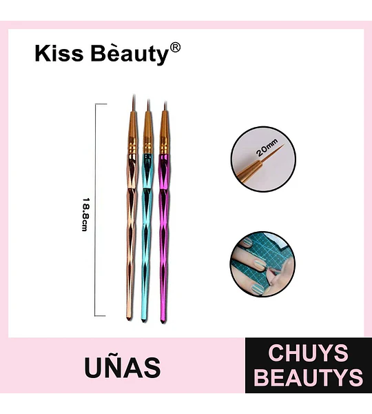 Set de 3 pinceles finos para nail art de diseño facetado Kiss Bèauty