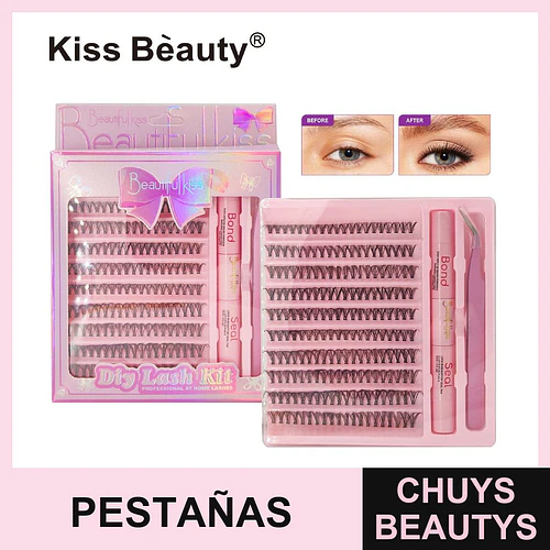 Kit de Pestañas Individuales Kiss Beauty para Aplicación en Casa con Adhesivo y Pinzas - Chuys Beautys | Chuys Beautys