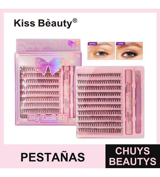 Kit de Pestañas Individuales Kiss Beauty para Aplicación en Casa con Adhesivo y Pinzas