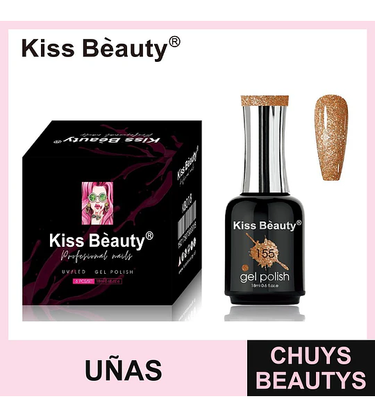 Gel Polish de Uñas Profesional Kiss Beauty Tono Dorado Glitter 155