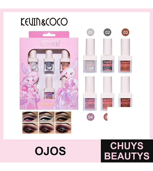 Set de 6 Delineadores Líquidos Glitter KEVIN&COCO Lucky para Ojos
