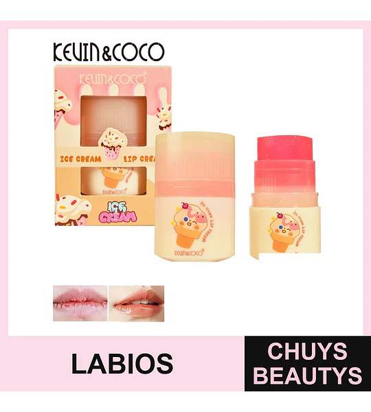 Bálsamo labial hidratante KEVIN&COCO con diseño de helado y brillo sutil