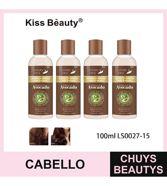 Gotas de Brillo Capilar de Aguacate Nutritivo Kiss Bèauty para Cabello Sedoso