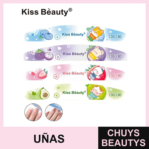 Set de Limas de Uñas Doble Cara Kiss Bèauty con Diseños Frutales 100/180 - Chuys Beautys | Chuys Beautys