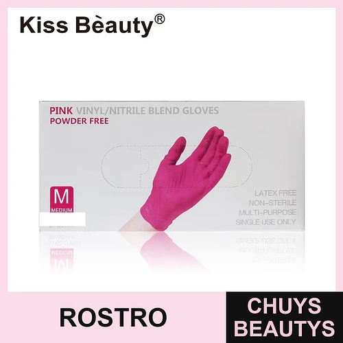 Guantes Rosados de Vinilo/Nitrilo sin Polvo Kiss Bèauty Talla M - Chuys Beautys | Chuys Beautys