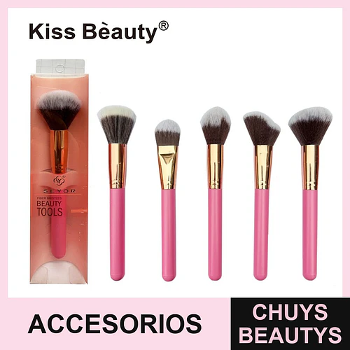 Set de 6 brochas de maquillaje Kiss Bèauty con mango rosa y cerdas sintéticas - Chuys Beautys | Chuys Beautys