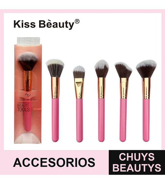 Set de 6 brochas de maquillaje Kiss Bèauty con mango rosa y cerdas sintéticas