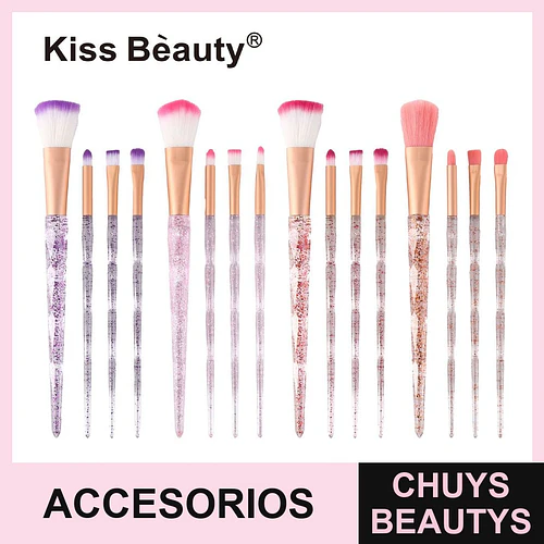 Set de Brochas de Maquillaje Kiss Bèauty con Mangos Glitter y Cerdas Bicolores - Chuys Beautys | Chuys Beautys