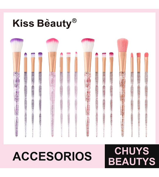 Set de Brochas de Maquillaje Kiss Bèauty con Mangos Glitter y Cerdas Bicolores