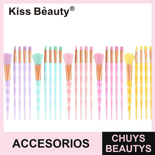 Set de 20 brochas de maquillaje Kiss Bèauty con mangos facetados en colores pastel - Chuys Beautys | Chuys Beautys