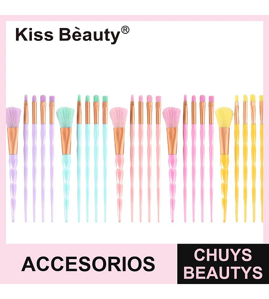 Set de 20 brochas de maquillaje Kiss Bèauty con mangos facetados en colores pastel