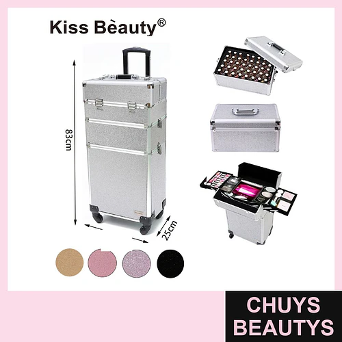Maleta Profesional de Maquillaje con Ruedas Kiss Bèauty Glitter Plateado - Chuys Beautys | Chuys Beautys