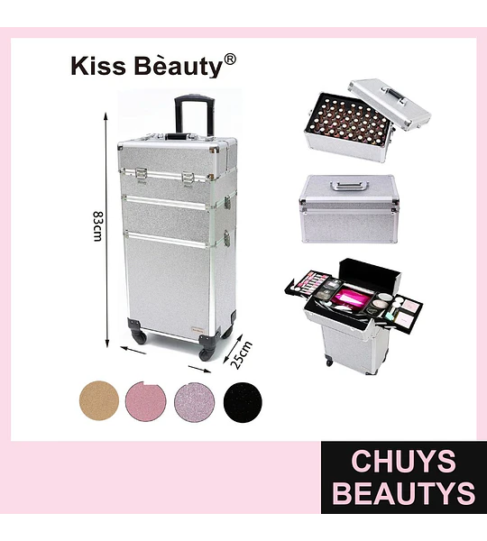 Maleta Profesional de Maquillaje con Ruedas Kiss Bèauty Glitter Plateado