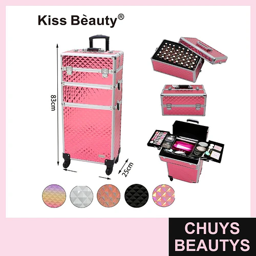 Maleta de maquillaje profesional de 3 niveles rosa brillante Kiss Bèauty - Chuys Beautys | Chuys Beautys