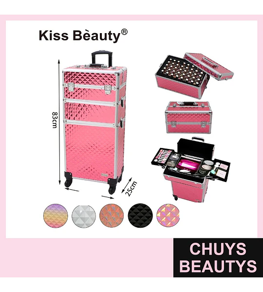 Maleta de maquillaje profesional de 3 niveles rosa brillante Kiss Bèauty