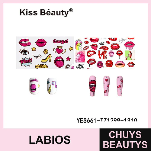Stickers para uñas Kiss Bèauty con diseños de labios y expresiones pop - Chuys Beautys | Chuys Beautys