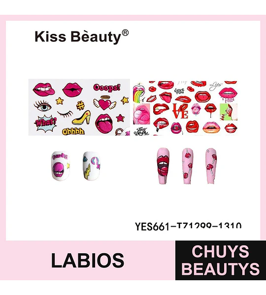 Stickers para uñas Kiss Bèauty con diseños de labios y expresiones pop