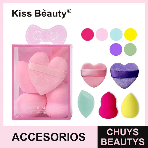 Set de Esponjas y Borlas de Maquillaje Corazón Kiss Bèauty - Chuys Beautys | Chuys Beautys