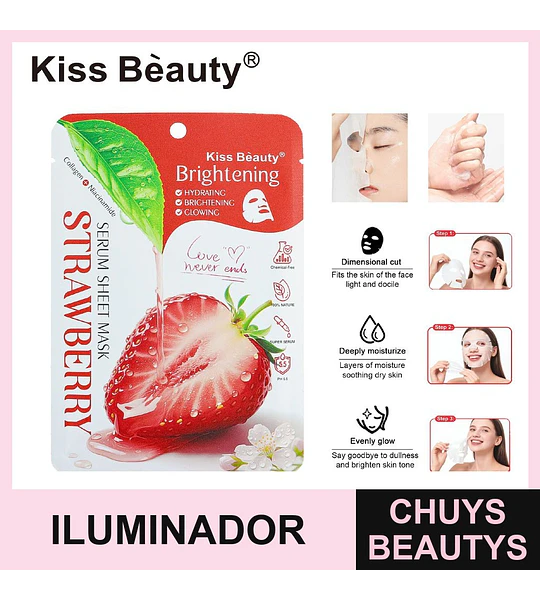 Mascarilla Facial Iluminadora Hidratante de Fresa Kiss Beauty