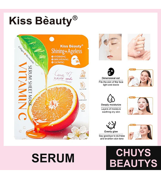 Mascarilla Facial de Serum Vitamina C Kiss Beauty para Piel Radiante y Antiedad