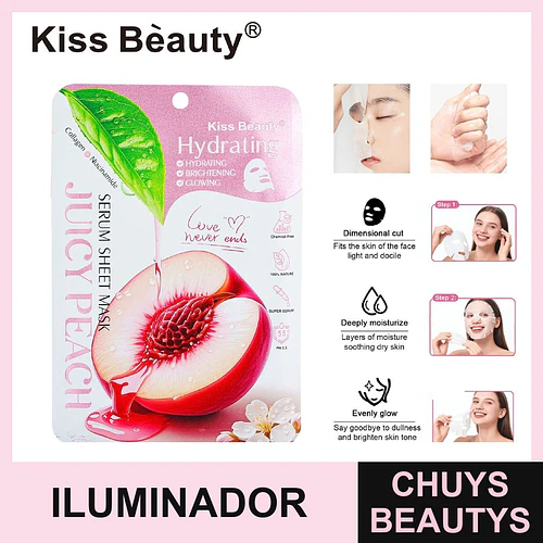 Mascarilla facial de tela Kiss Beauty de durazno hidratante e iluminadora - Chuys Beautys | Chuys Beautys
