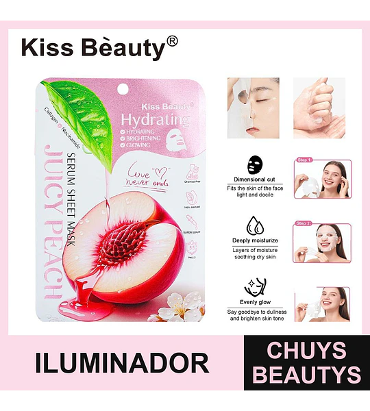 Mascarilla facial de tela Kiss Beauty de durazno hidratante e iluminadora