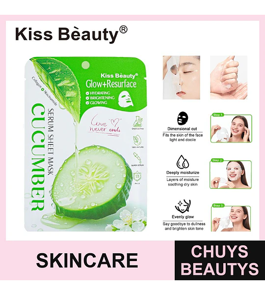 Mascarilla Facial de Tela Kiss Beauty Pepino Glow+Resurface Hidratante