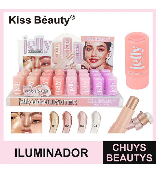 Iluminador en Barra Efecto Jelly 3-en-1 Kiss Beauty con 4 Tonos