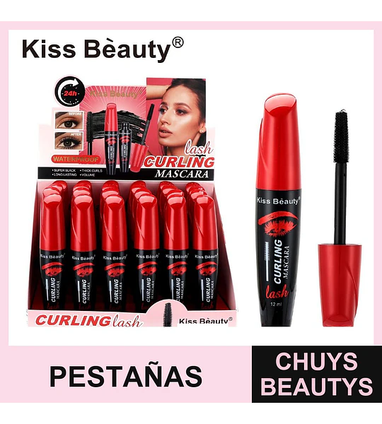 Máscara de Pestañas Kiss Beauty Curling Waterproof Super Negra 24H