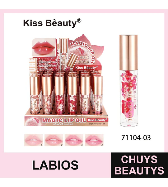 Aceite labial mágico Kiss Beauty con flores reales y acabado glossy