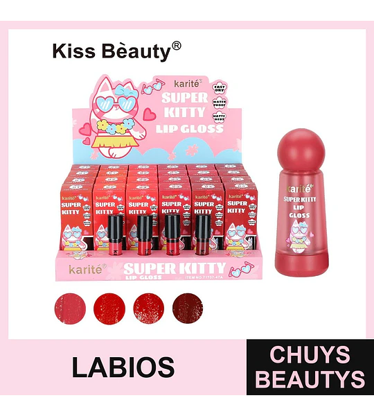 Brillo labial Karité Super Kitty de secado rápido, a prueba de agua y tonos mate