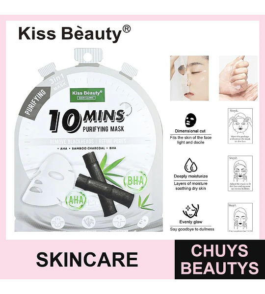 Mascarilla Facial Purificante 10 Minutos con Carbón de Bambú AHA BHA Kiss Beauty
