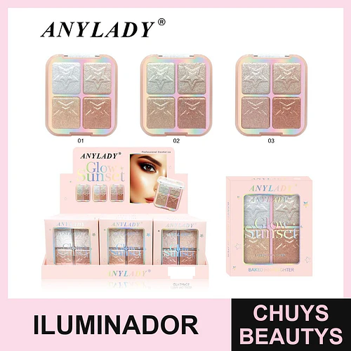Paleta de Iluminadores Horneados Glow Sunset de ANYLADY con 4 Tonos - Chuys Beautys | Chuys Beautys