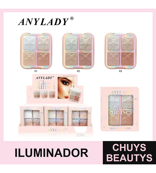 Paleta de Iluminadores Horneados Glow Sunset de ANYLADY con 4 Tonos