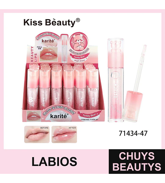 Brillo labial voluminizador Karité Glow Plump Glossy con diseño de osito