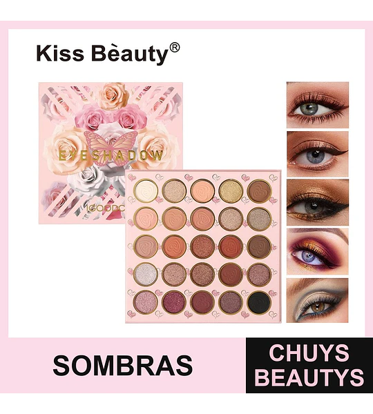 Paleta de Sombras de Ojos Kiss Bèauty con 25 Tonos Rosas y Neutros