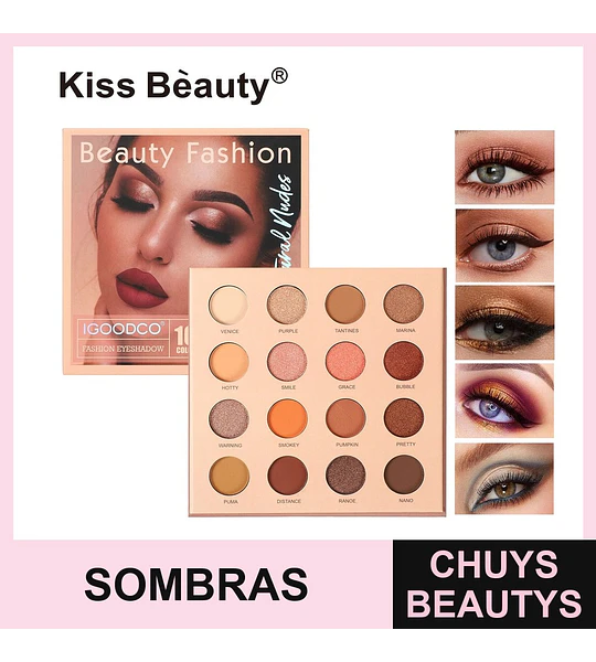 Paleta de Sombras de Ojos Kiss Beauty 16 Tonos Nudes Naturales