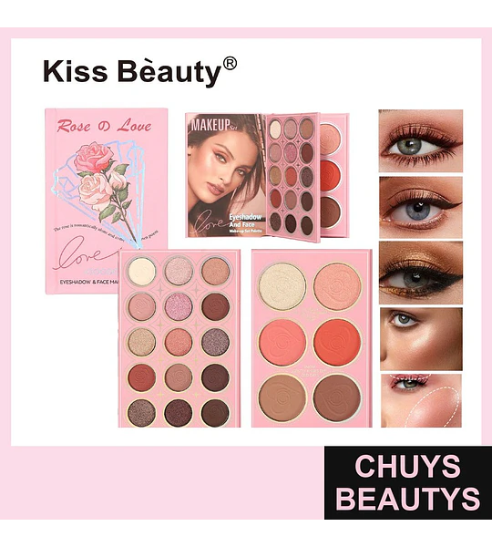 Paleta de Maquillaje Completa Tonos Rosa y Nude Kiss Bèauty para Ojos y Rostro