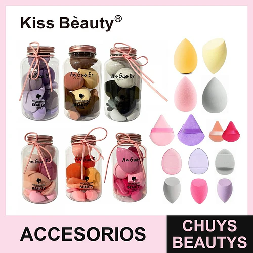 Set de esponjas de maquillaje Kiss Bèauty en frascos, con variedad de formas y colores para aplicación precisa - Chuys Beautys | Chuys Beautys