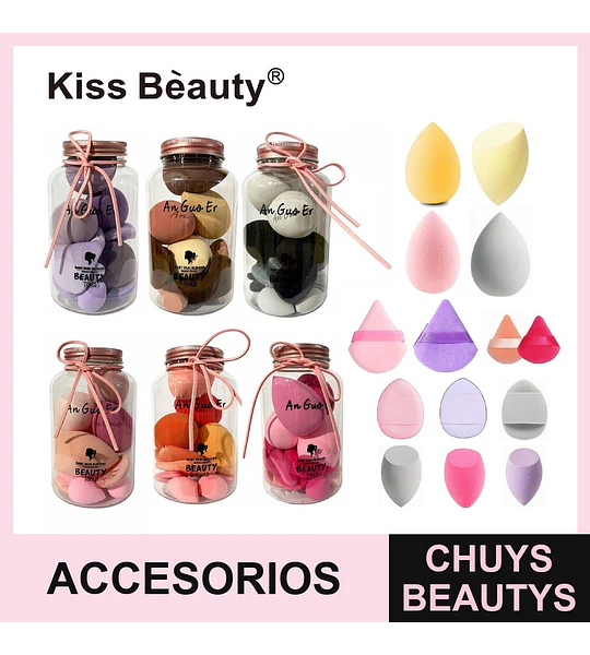 Set de esponjas de maquillaje Kiss Bèauty en frascos, con variedad de formas y colores para aplicación precisa
